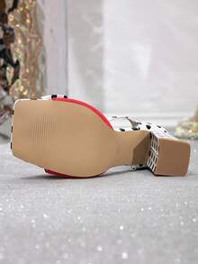 2026 Summer New Thick Heel Open Toe Sandals, Fashion Square Toe Red Strap Bowknot High Heels, Versatile For Dresses, Plus Size,Polka Dot - White - View 6