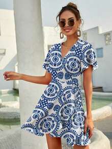 Vestido corte evasé con nudo lateral en color burdeos con estampado de lunares para mujer - Multicolor - Ver 6