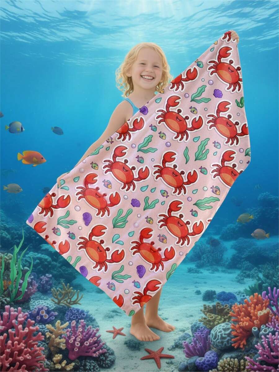 1pc Crab Illustration Kids Beach Towel, Super Absorbent Large Beach Blanket, Suitable For Travel, Swimming Pool, Diving, Surfing, Yoga, Camping, Available In Multiple Sizes, Beach Accessories - Multicolor - View 1