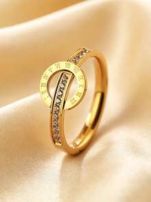 1 pieza Anillo de mujer de acero inoxidable chapado en oro de 18K con números romanos y rhinestones, resistente al agua y a la decoloración, adecuado para uso diario - Dorado - Ver 5