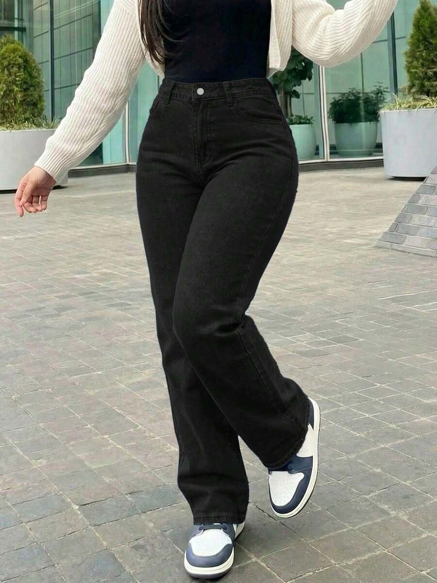 Quần jeans nữ ống đứng dáng rộng kiểu retro boyfriend, phong cách thường ngày. - màu đen - Xem 1