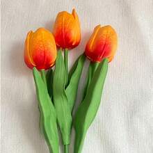 3 piezas de flores de tulipán artificiales, tulipanes miniatura de PU realistas para decoración del hogar de estilo nórdico, bodas, y accesorios de fotografía - Naranja - Ver 4