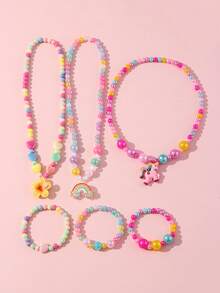 6pcs/Set Kalung & Gelang Liontin Unicorn Bunga Pelangi, Dengan Manik-Manik Warna-warni Acak - MultiWarna - View 6