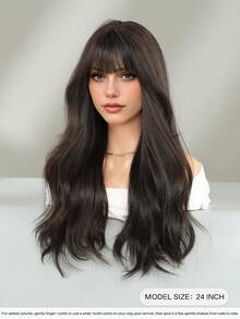 7JHH WIGS 女士长款深棕色波浪卷发假发，24英寸时尚合成波浪卷发假发，带刘海，高品质耐热纤维全机织假发，适合初学者佩戴，无需胶水，可用于日常派对、音乐节、角色扮演等场合。 - 深棕色 - 查看 5