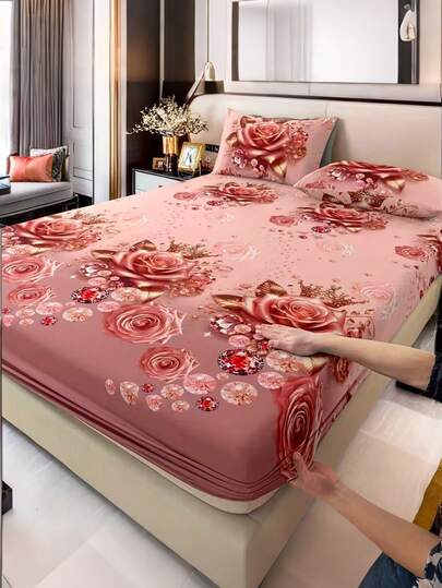 1 bộ ga trải giường in hình hoa hồng và vương miện màu hồng lãng mạn, mềm mại, thân thiện với da, chống trơn trượt, phù hợp với giường đơn/đôi/nữ hoàng/vua, có thể giặt máy, lý tưởng cho trang trí phòng ngủ, bộ đồ giường mềm mại cho gia đình.