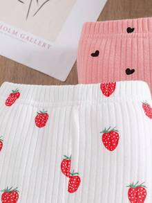 4pcs Girls Casual Solid Color Soft Stretchy Pants, Heart & Strawberry Print, Suitable For Spring/Summer - Multicolor - View 5