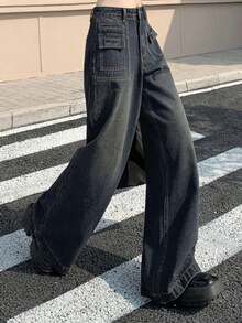 Pantalones Largos Vaqueros Mujer Azul Oscuro Desgastado Degradado, Corte Ancho Palazzo Holgado, Diseño Bolsillos Delanteros Con Solapa, Cintura Alta, Tejido Denim Suave Elástico, Estilo Streetwear Minimalista Ideal Para Outfits Diarios Otoño Invierno - Azul lavado medio - Ver 2