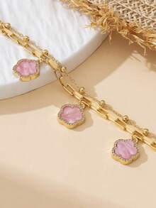 1 pieza Estilo de vacaciones de verano dulce y fresco Colgante de trébol rosa brillante Tobillera de doble capa, adecuada para la playa, los viajes, la ropa de noche (la cantidad de cuentas puede variar debido al corte hecho a mano, longitud fija) - Rosa - Ver 3