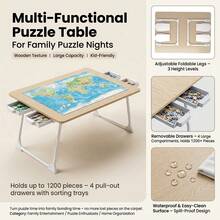 Large Foldable Puzzle Table - A Wooden Jigsaw Puzzle Board With 4 Storage Drawers, Suitable For 800 To 1200-Piece Puzzles. A Multifunctional Folding Desk And Bed Tray - Ideal For Puzzling, Dining, Reading, And Working While On A Bed, Sofa, Or Floor. - Natural Wood Color - View 6
