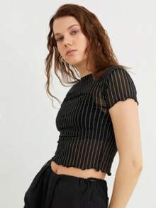 Women's Black Sheer Mesh Crop Top Short Sleeve Slim Fit Y2K Top - Black - View 2