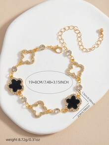 1 Stück minimalistisches Glücksklee Armband, französisches hochwertiges Zirkonia Cut-Out Vier-Blatt Blumen Armband für Mädchen - Schwarz - Übersicht 5