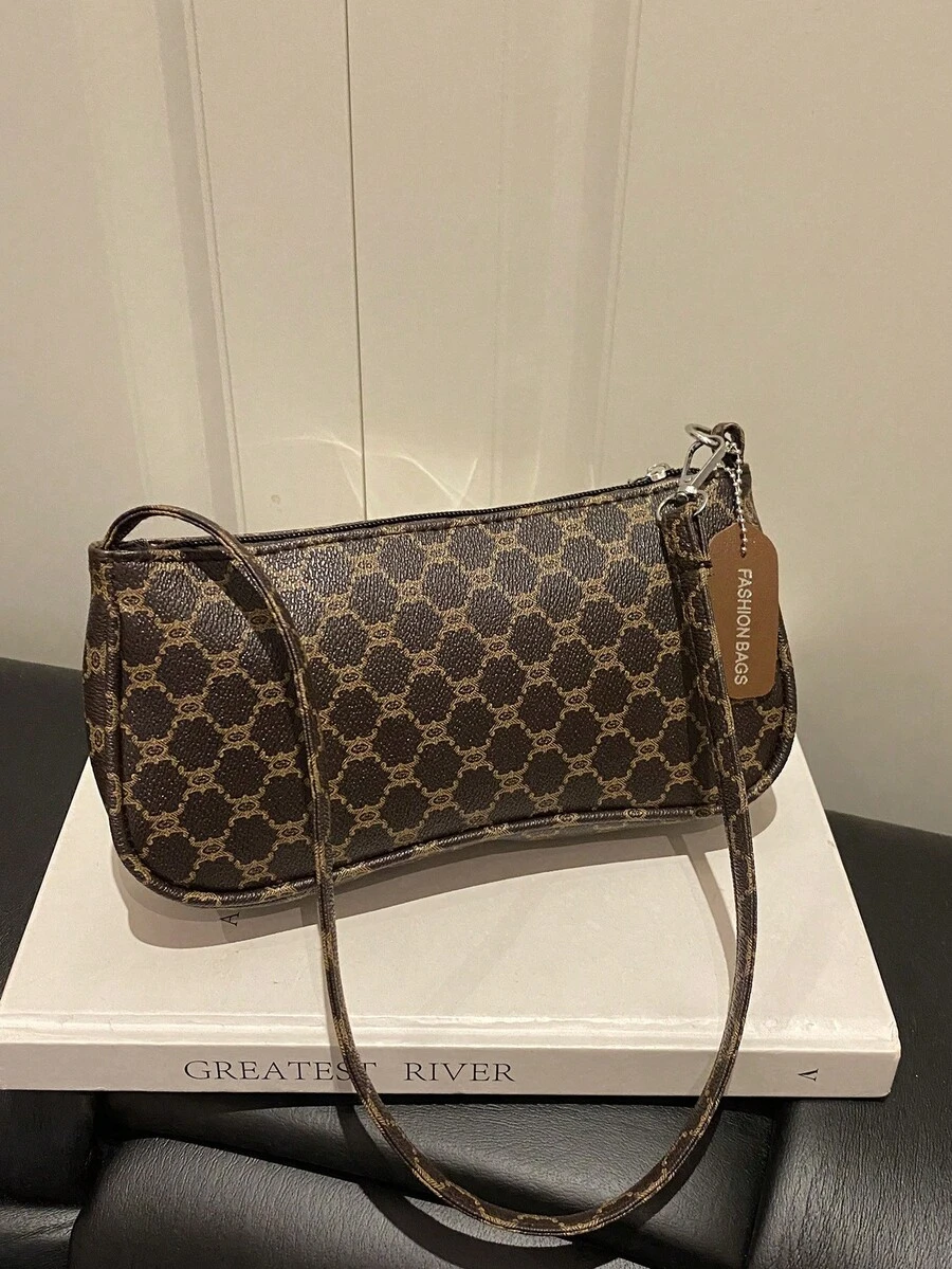 New Fashionable Versatile Textured Chain Shoulder Bag, Underarm Handbag For Women - Brown - View 1