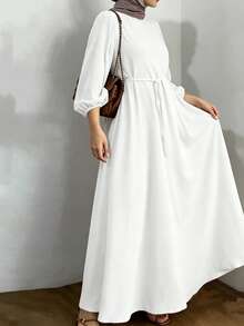 Vestido blanco de manga larga, cuello redondo, elegante, de tela tejida sólida, con cordón en la cintura, estilo árabe digno para la primavera - Blanco - Ver 2