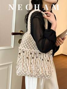 1pc Niche Design Woven Underarm Bag With Beads & Tassel, Versatile Casual & Work Tote - White - View 3