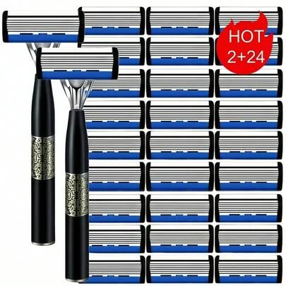 不锈钢剃须刀，男士6层刀片剃须刀，手动剃须刀，防滑手柄和替换刀片，适合日常理容，提供顺滑的剃须体验，完美的礼物之选！