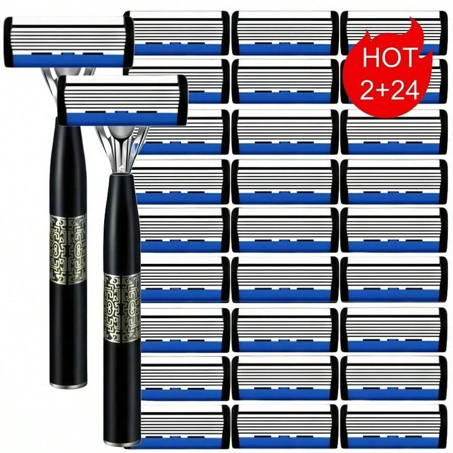 Stainless Steel Razor, Men's 6-Layer Blade Razor, Manual Shaver, Non-Slip Handle And Replacement Blades, Ideal For Daily Grooming, Providing A Smooth Shaving Experience, Perfect Gift Choice!