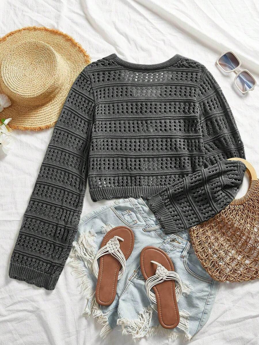 Spring Summer Bow-Knot Crochet Cardigan, Openwork Cropped Tie-Front Cardigan, V-Neck Sheer Knit Beach Cover Up, Boho Scallop Hem Layer/BeachCoverUp - 灰色 - 查看 1