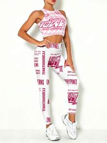 Pink And White Checkered Pattern With Bold Text Graphics 3D Printed Women's Racerback Crop Top High Waisted Leggings Sports Outfit,  Women's Two Piece Fitness Set,  Streetwear Inspired Activewear For Gym Workouts And Casual Wear Spring Summer - 混合色 - 查看 1