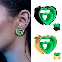 2 piezas Túneles de oreja con corazón bicolor, dilatadores de oreja de acero inoxidable hipoalergénicos, accesorios de perforación corporal de estilo dulce y fresco color verde oscuro - amar - Ver 1