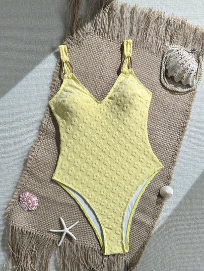 2026 New Women's Yellow Floral Jacquard V-Neck One-Piece Swimsuit With Metal Strap Decor, Beach Holiday Outfit, Suitable For Valentine's Day, Carnival Vacation Summer