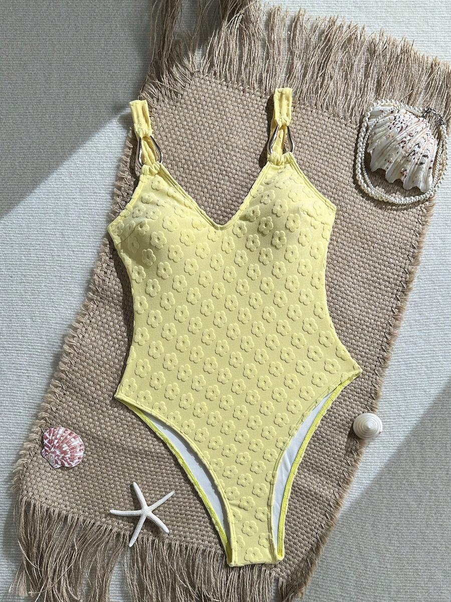 2026 Neuer Damen Gelb Blumen Jacquard V-Ausschnitt Badeanzug mit Metall Träger Dekor, Strand Urlaubsoutfit, geeignet für Valentinstag, Karneval Urlaub Sommer - Gelb - Übersicht 1