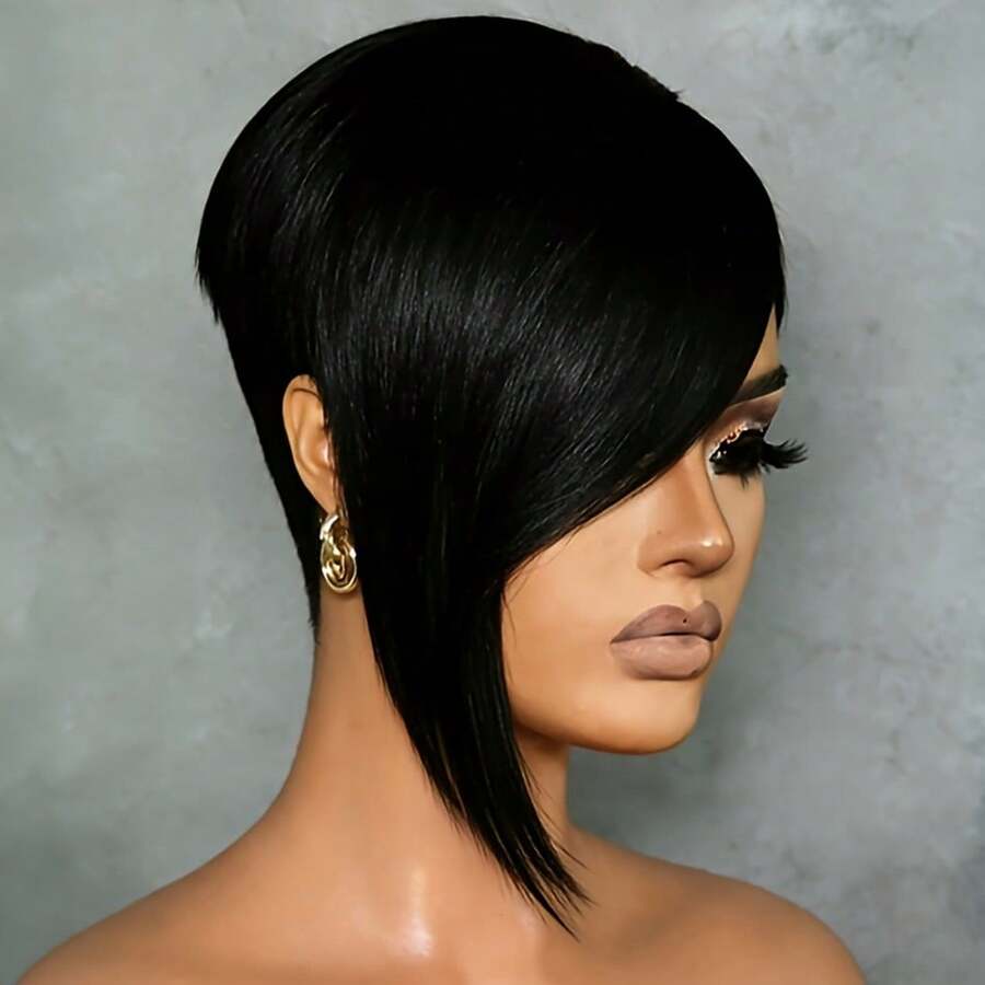 Wig Potongan Pixie Pendek, Rambut Manusia Perawan Brasil, Wig Potongan Pixie Berlapis Belahan Samping Panjang untuk Wanita, 6 Inci, Kepadatan 150%, Buatan Mesin Sepenuhnya, Tanpa Renda, Cocok untuk Pemakaian Sehari-hari, Pesta dan Cosplay, Warna 1B#