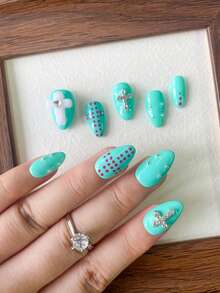 Móng giả dán màu xanh chanh, hình chữ thập, dáng ngắn hình hạnh nhân, họa tiết chấm bi đỏ tương phản, móng giả thủ công kiểu cánh Y2K, quà tặng ngày lễ - Nhiều màu - Xem 5