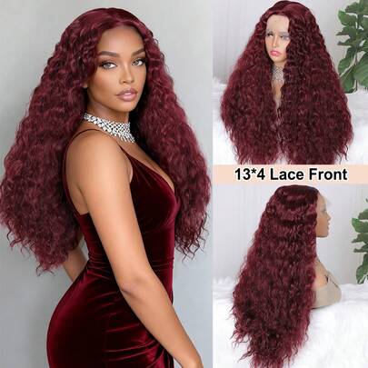 99J Red Burgundy Color Deep Wave Soft Hair 13X4 Lace Frontal Synthetic Wig For Women Preplucked Cosplay Daily Party Heat Resistant Fiber Front Wig Christmas Gifts Wedding