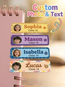 30 piezas/60 piezas/120 piezas Etiquetas personalizadas con foto y texto, Pegatinas escolares personalizadas, Etiquetas de nombre personalizadas, Etiquetas lindas para guardería, Diseño de foto y texto, Rectangular, Para padres y maestros - Modelo 2 - Ver 12