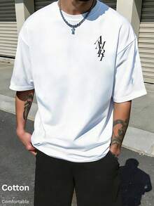 Sommerliche Slim-Fit-T-Shirt mit kurzen Ärmeln, grafischem Druck im Street-Style mit Buchstaben, 1 Stück personalisiertes, eng anliegendes T-Shirt aus reiner Baumwolle für Herren. - Weiss - Übersicht 2