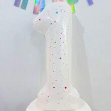 大型乳白色数字铝箔气球，配有彩色闪亮贴纸，适用于生日派对装饰、拍照道具、婚礼周年纪念布置等场合，数字0-9 - 數位氣球+貼紙 - 查看 11