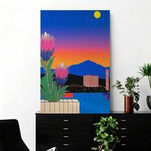 Con marco 1 pieza, . Póster vibrante de atardecer floral. Arte digital moderno inspirado en paisajes naturales y urbanos, perfecto para decoración contemporánea del hogar. Divertida y creativa pintura en lienzo para decoración de pared del hogar, dormitorio, cocina, sala de estar - Enmarcado - Ver 2