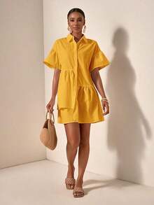 Vestido casual de verano suelto y simple con botones en la cintura - Amarillo - Ver 4