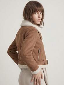 Women's Suede Jacket, Winter Jacket With Belt, Fashionable, Versatile, Elegant, Cold Weather - Camel - Ver 3
