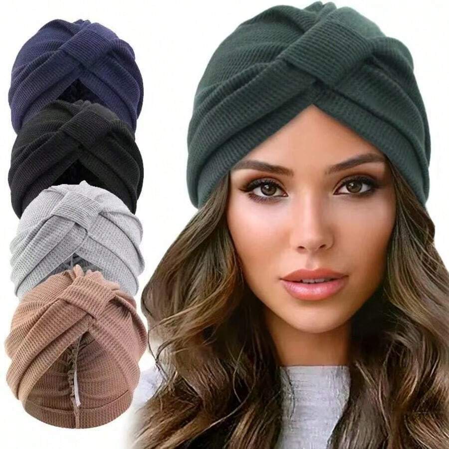1pc New Women's Cotton Plaid Headscarf Hat, Small Square Elastic Headband Hat With Pointed Visor - Multicolor - View 1