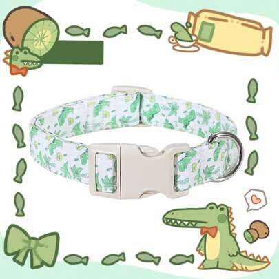 طوق كلب أخضر طازج، طوق حيوانات أليفة مزين بنمط ديناصور وأوراق نباتية جذاب، خفيف الوزن قابل للتعديل مع إبزيم أمان ومثبت معدني على شكل حرف D للارتداء اليومي