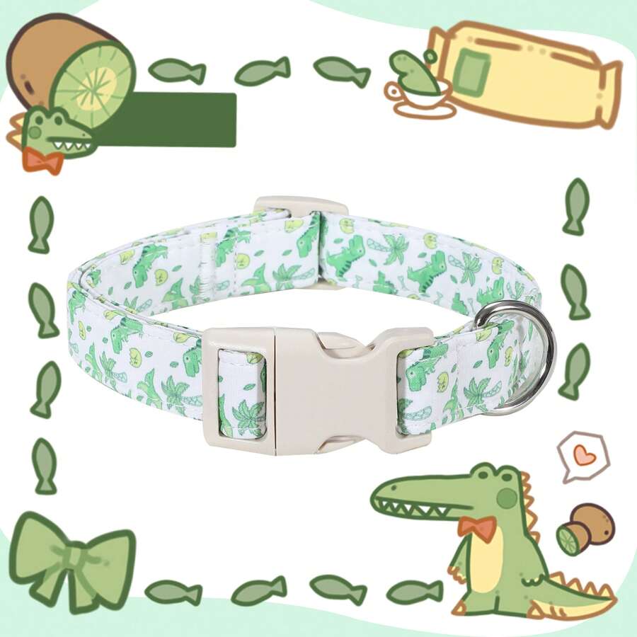 Collar de perro verde fresco, adorable collar de mascota con patrón de dinosaurio y planta, hebilla de ajustable y ligera con argolla en D de metal para uso diario - color mezclado - Ver 1