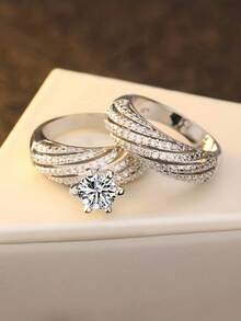 1 Cặp nhẫn đính hôn hai lớp kiểu Âu và Mỹ, nhẫn kim cương lớn, bộ nhẫn Proposa1Jewelry phổ biến, nhẫn đôi, thích hợp để đeo hàng ngày và trong đám cưới, làm quà tặng. - Bạc - Xem 2