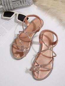 Sandal đế bằng mùa hè mới, kiểu dáng quai chéo, đính đá và nơ xinh xắn, thích hợp cho nữ. - Rượu sâm banh - Xem 6
