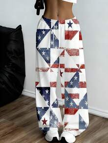 American Flag Pattern Wide Leg Pants For Women Casual Sport Wear Suitable For Leisure And Sports Activities - White - View 3