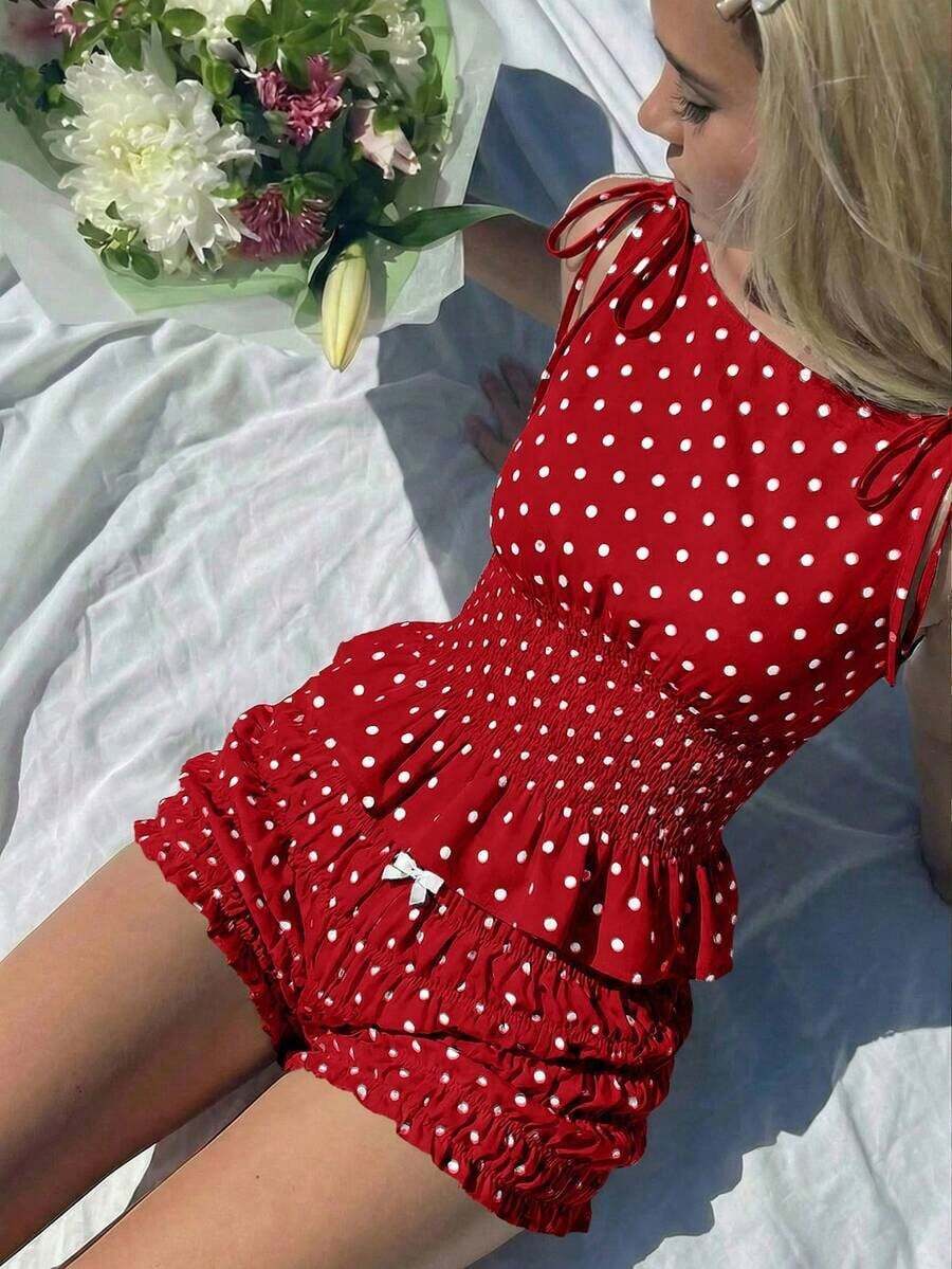 MOD Conjunto de 2 piezas de top sin mangas y shorts con estampado de lunares en contraste para mujer - Rojo - Ver 1