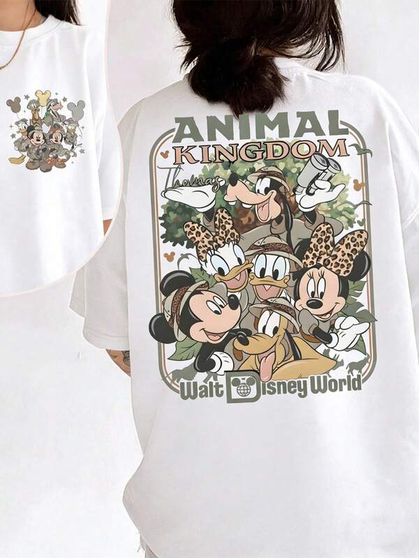Disney Women's Mickey Minnie Animal Kingdom Printed Short-Sleeved T-Shirt, Machine Washable, 100% Cotton Summer New Top, Machine Washable, 100% Cotton, Casual Fashion Round Neck Short-Sleeved Summer Top, Wild Cartoon Sweatshirt, Outdoor Daily Leisure Wear.
