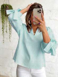 Blusa elegante minimalista para mujer con perlas, lazos y diseño rayado, para diario y citas - Rosa - Ver 9