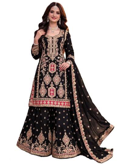 Designer Stunning Wedding Wear Chinon Floral Embroidered Palazzo Suit