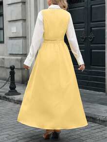 女士纯色扭结设计单排扣西装外套、马甲和半裙两件套，适合毕业典礼、办公室穿着和休闲度假。 - 黃色 - 查看 2