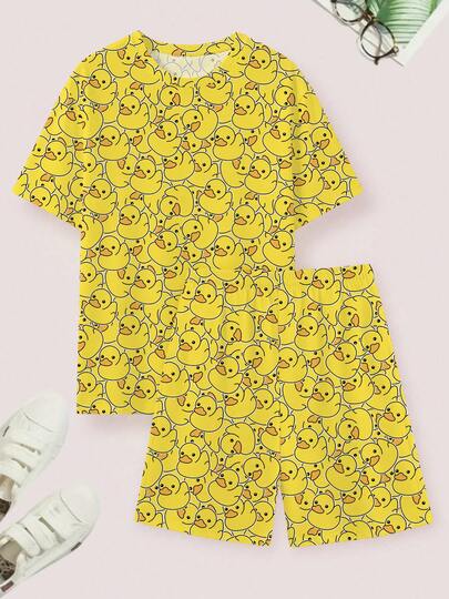 2 pièces/Set T-shirt à manches courtes col rond imprimé canard et short décontracté pour homme
