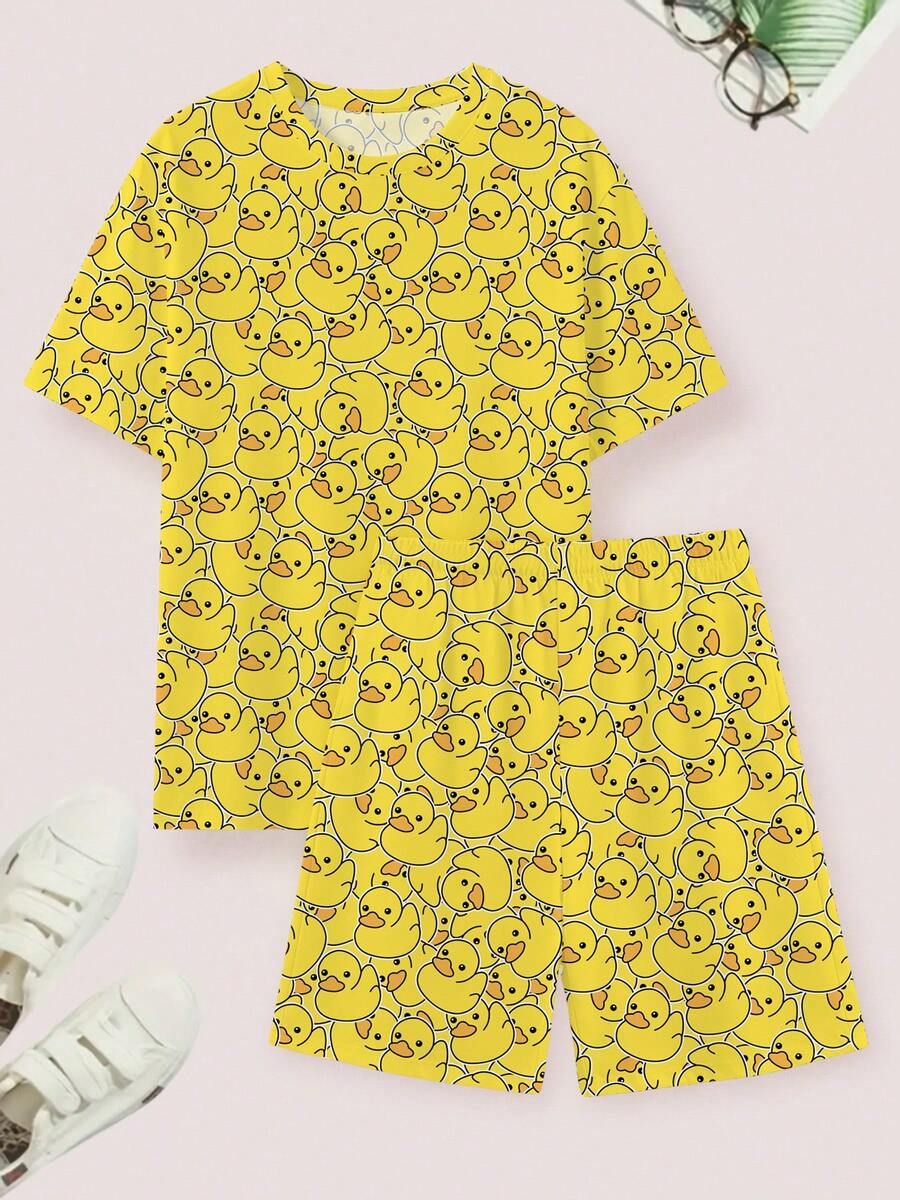 2pcs/Set Men's Crew Neck Duck Print Short Sleeve T-Shirt And Shorts Casual Suit - Yellow - View 1