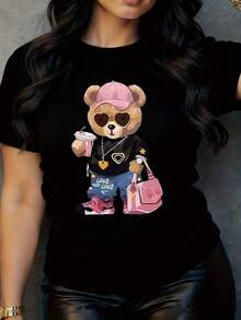 Unisex Size. Plus Size Summer Cotton T-Shirt For Women. Short-Sleeved Casual Women's T-Shirt With A Cartoon Bear Design. Sweat-Absorbent, Soft, And Skin-Friendly Material. - 黑色 - 查看 6