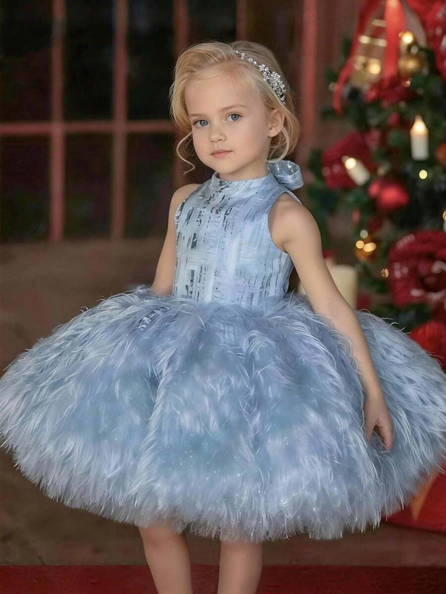 Young Girl Champagne Bow Headpiece Sleeveless Elegant Christmas Party Princess Dress Girls Dress Suitable For Birthday Party, Ball, Formal Occasions, Holiday Celebration, Flower Girl Wedding Dress, School Opening Ceremony, Graduation Dress - Baby Blue - View 1