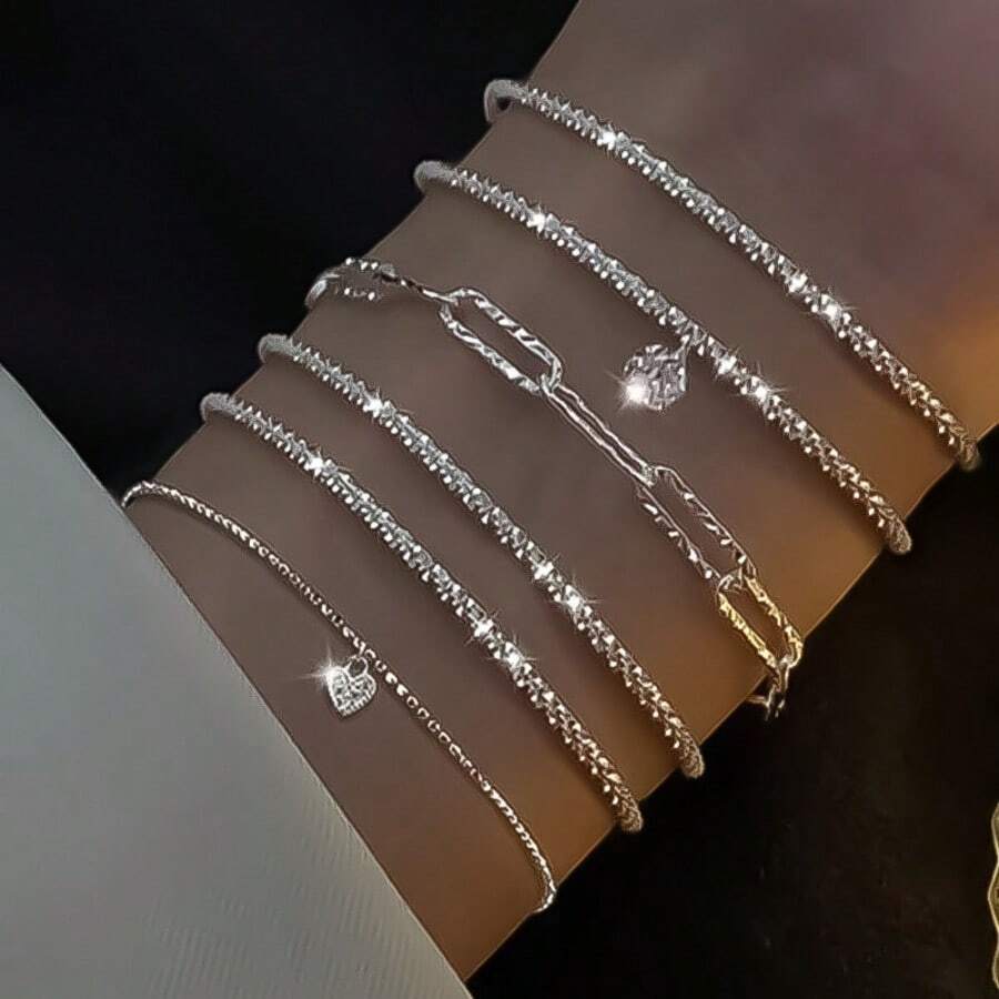 6-Piece Set - Women's Sparkling Zirconia Bracelet - Starry Sky Chain Bracelet Set - Bạc - Xem 1